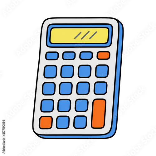 Hand drawn of a simple electronic calculator with blue, orange, and yellow buttons and display isolated on a transparent background