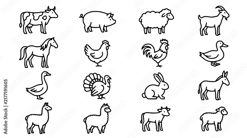 Fototapeta premium Farm Animals Line Icon Set for Agriculture and Rural Life
