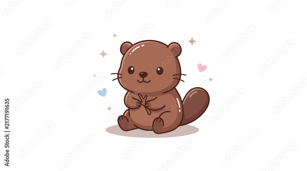 Obraz premium Adorable cartoon beaver character holding a wooden stick.
