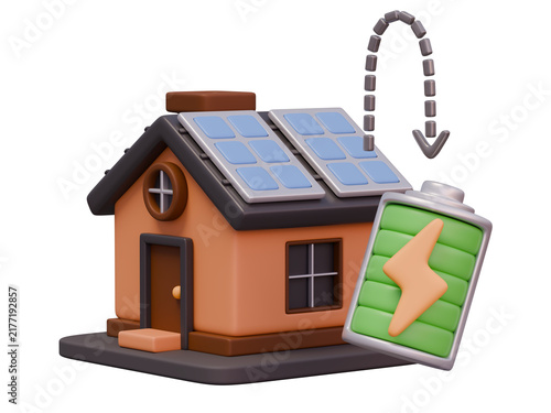 Smart Eco House with Solar Panels and Battery, 3D Render