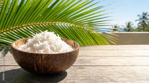 Freshly shredded coconut in a rustic shell bowl on a sunlit wooden table in a tropical setting.