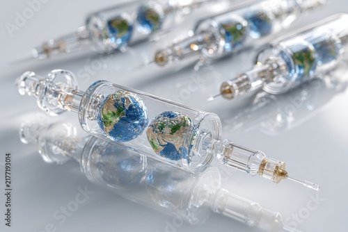 Row of medical syringes containing miniature Earth globes for global healthcare and climate science concept