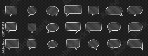 Glassmorphism speech bubbles set on dark transparent background.