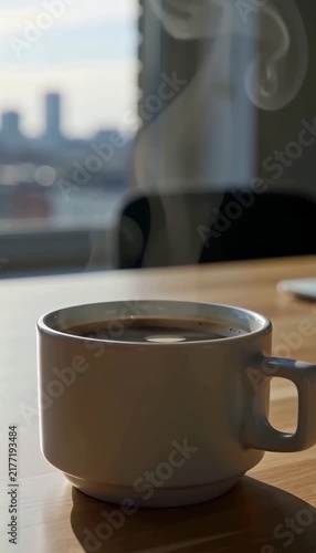 Steaming coffee cup near window with city view
