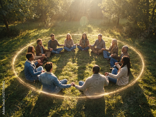 Diverse group of people sitting in a circle practicing outdoor meditation with glowing golden energy aura in sunlit nature.