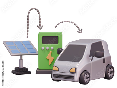 Solar Powered Electric Vehicle Charging Station, 3D Illustration