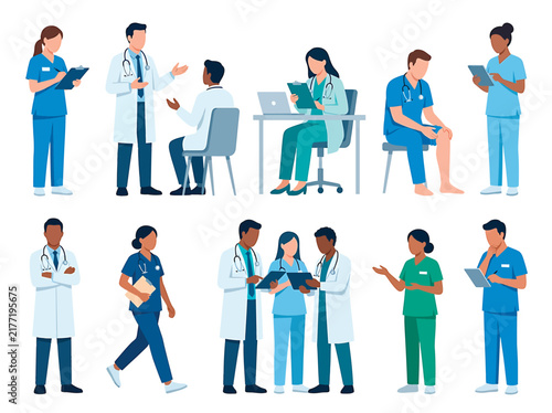 Medical team characters group of doctors and nurses in flat illustration style.