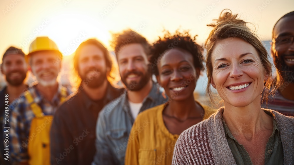 Obraz premium Group of diverse workers smiling together at sunset for labor day concept