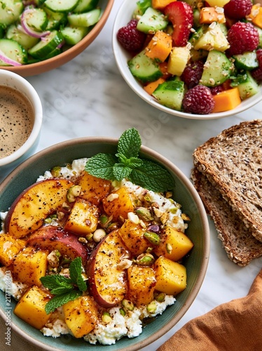 Three bowls of food on a white marble countertop.