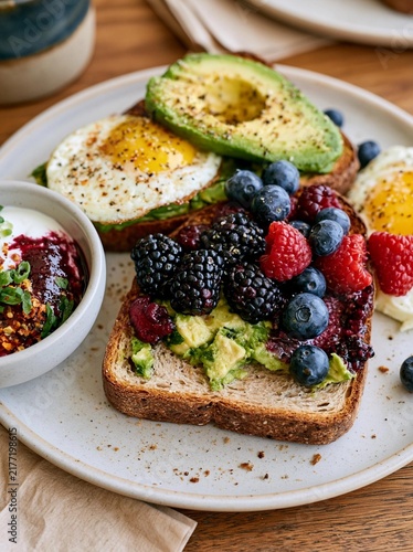Plate of food on a wooden table. on the plate, there are two slices of toasted bread topped with avocado, a fried egg, and a variety of fresh berries.