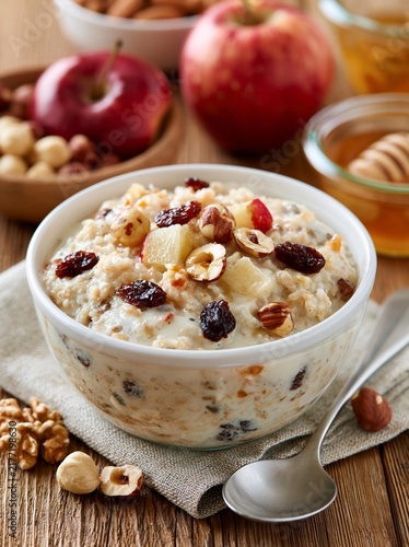 Bowl of oatmeal with nuts and dried fruits on top. the bowl is white and is placed on a beige cloth napkin. there are two apples and a small bowl of honey on the table next to the bowl.