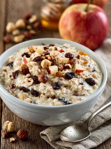Bowl of oatmeal with nuts and dried fruits on a wooden table. the bowl is white and has a silver spoon resting on the side. there are two apples and a jar of honey in the background.