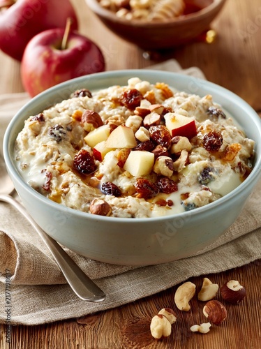 Bowl of oatmeal on a wooden table. the oatmeal is light blue in color and has a creamy texture. it is topped with sliced apples, raisins, and nuts. there is a spoon resting on the side of the bowl.