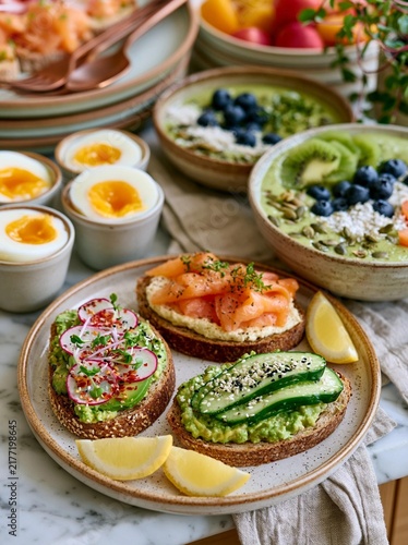 Table with a variety of food items on it. on the left side of the table, there is a plate with two slices of toasted bread topped with avocado, sliced cucumber, and radishes.