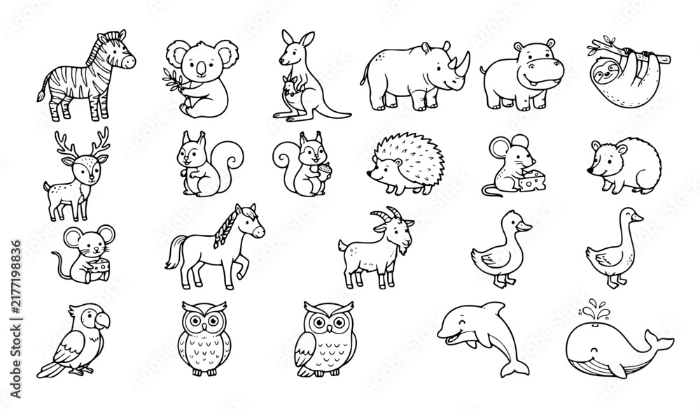 Fototapeta premium Cute Cartoon Animal Doodles Hand Drawn Line Art Vector Set for Kids Education