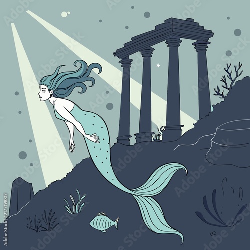 Fotografie A mermaid swimming underwater past ancient stone ruins in the deep blue ocean se