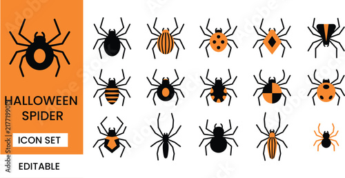 A collection of various halloween themed spider illustrations arranged in a grid for holiday decoration and design projects