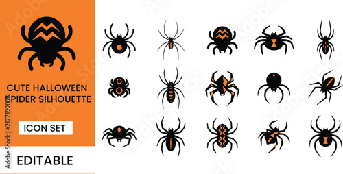 A collection of various spider silhouette icons presented in a grid format for halloween themed graphic design projects