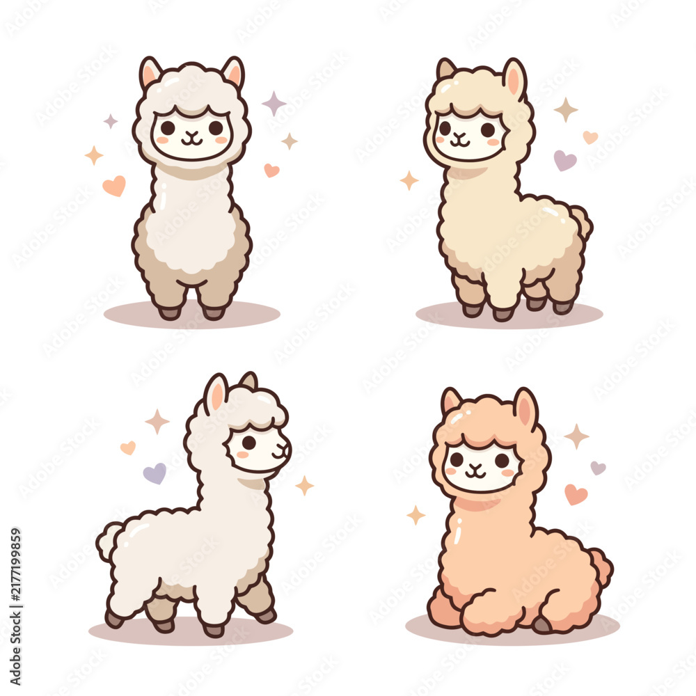 Obraz premium Collection of four adorable kawaii llama characters.