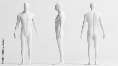 Minimalist white mannequin form for shop windows: triple-view layout in a digital illustration