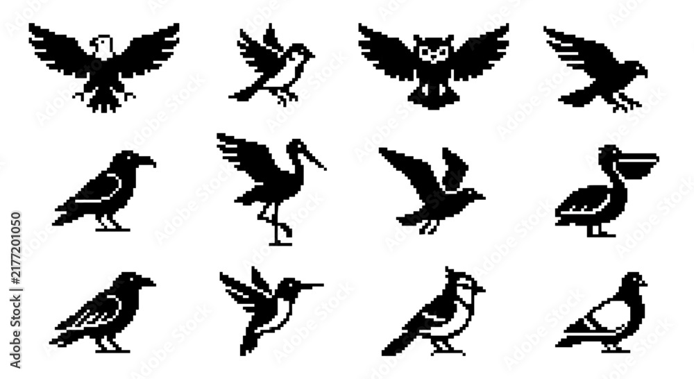 Obraz premium Collection of pixel art bird silhouettes.