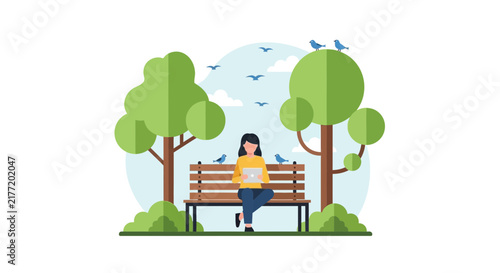 Modern Flat Vector Illustration of a Woman Sitting on a Park Bench Using a Digital Tablet Surrounded by Nature, Trees, and Birds for Remote Work and Leisure Concept