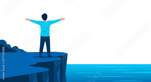 Man standing on cliff edge with open arms overlooking ocean horizon vector illustration. Concept of success, freedom, and future goals.