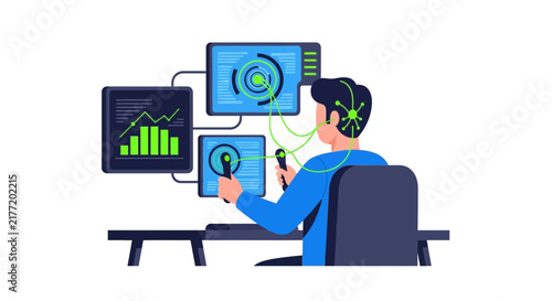 Neural Link Technology and Data Analysis Concept Illustration of Man Interfacing with AI Digital Dashboard