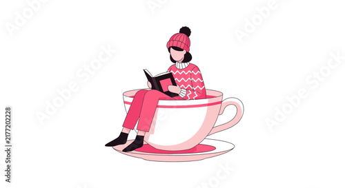 Cozy Winter Illustration of a Woman Reading a Book Inside a Giant Teacup - Minimalist Flat Vector Art