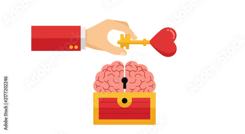Conceptual Illustration of a Hand Unlocking a Human Brain with a Heart-Shaped Key, Symbolizing Emotional Intelligence, Mental Health, and Unlocking Potential