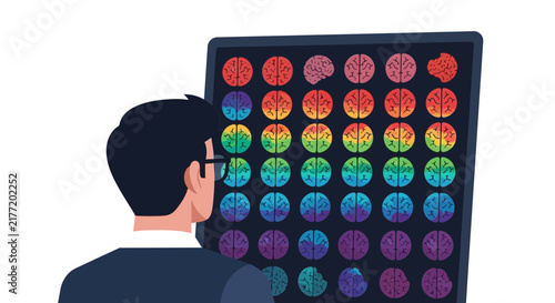 Neurodiversity Concept Illustration of a Man Looking at Colorful Brain Icons on a Screen for Mental Health Awareness and Cognitive Science