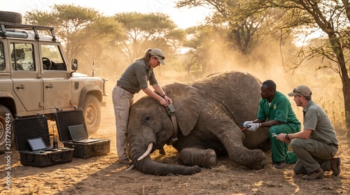 Wildlife veterinarians examining sedated elephant in African savannah with conservation team.