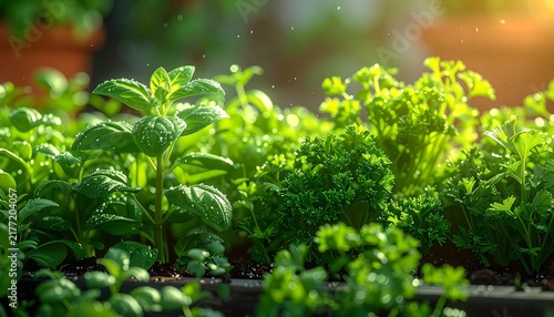 Lush Green Herb Garden Under Warm