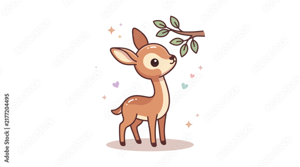 Fototapeta premium Cute cartoon fawn looking at a green leafy branch on a white background