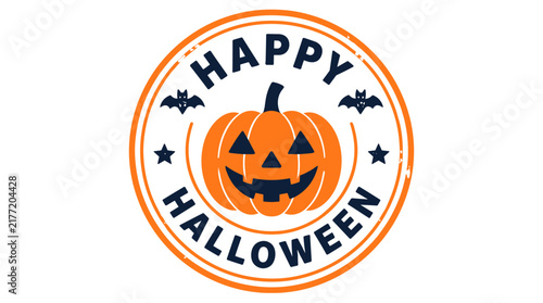 Smiling jack o lantern badge with Happy Halloween text.