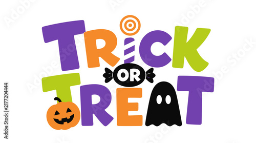 Colorful Trick or Treat Halloween Typography with Ghost and Pumpkin.