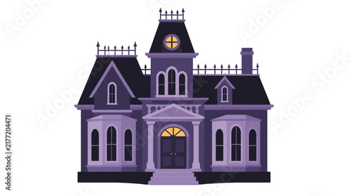 Gothic haunted Victorian mansion with tower and gables.