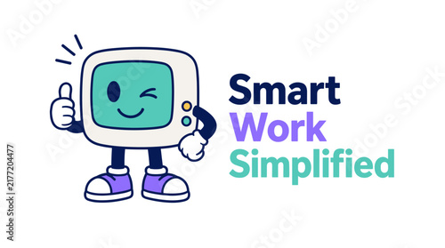 Cute retro computer mascot winking with thumbs up.
