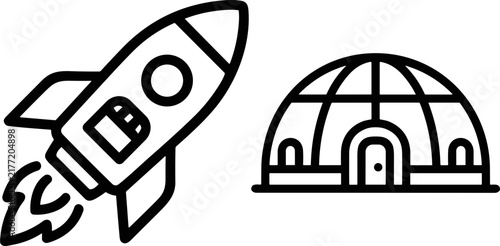Rocket ship launching next to a geodesic dome building, vector illustration