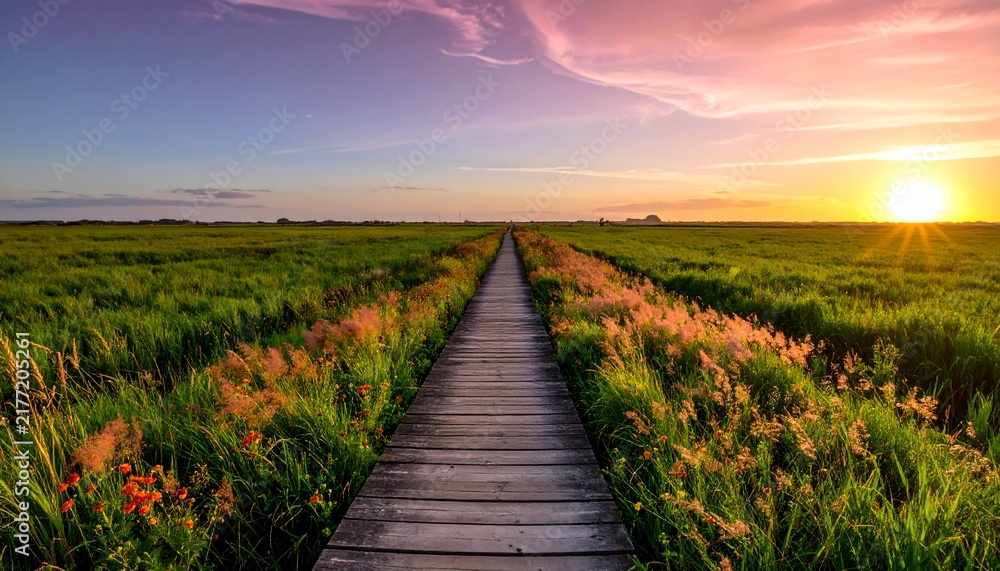 Fototapeta premium Sunset Path Through Blooming Fields