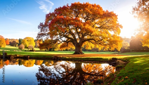 Vibrant Autumn Tree Reflected Calm Park Lake