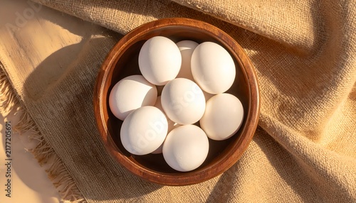 Rustic Wooden Bowl White Eggs Textured Fabric