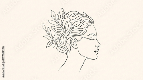 Woman Profile with Foliage Hair Line Art Illustration