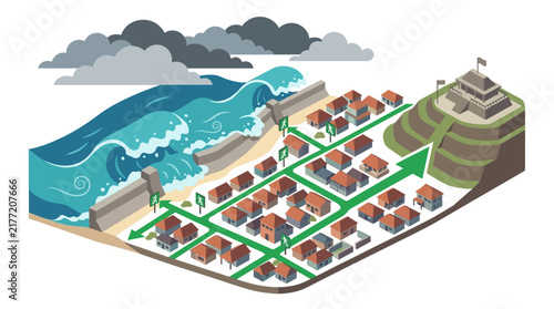 Isometric tsunami evacuation route illustration with coastal barrier and emergency shelter