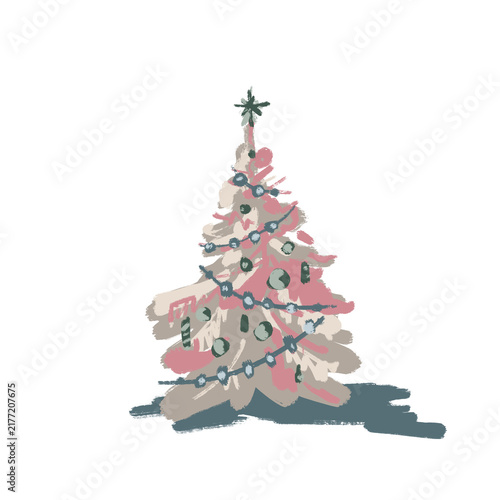 Stylized pink Christmas tree decorated with ornaments and garland, modern hand drawn festive holiday illustration.