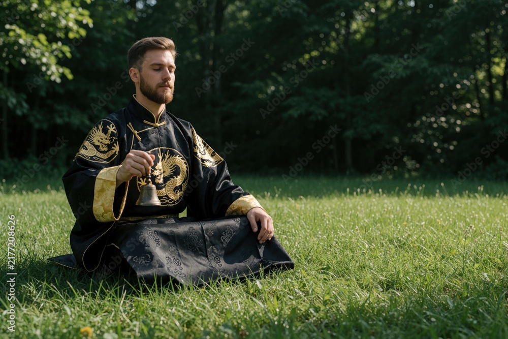 Obraz premium Young caucasian man sits on green grass meadow wearing traditional black, gold oriental kimono. Meditates holding small metal bell for zen mindfulness. Calm male practitioner practices spiritual