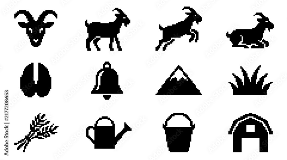 Fototapeta premium Farm and goat themed pixel art icon collection.