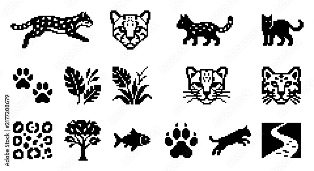 Fototapeta premium Feline and nature pixel icons.