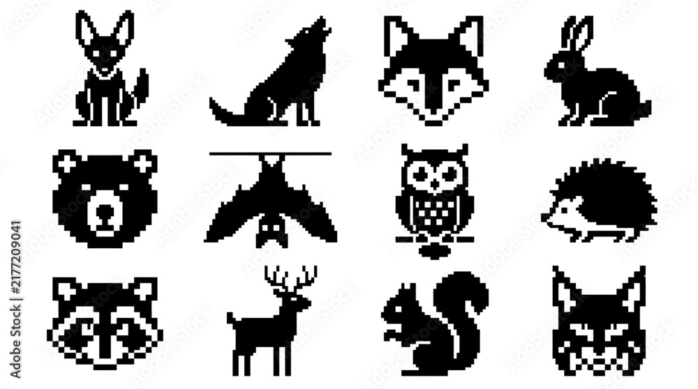 Obraz premium Forest animal pixel art icons for adventure games.