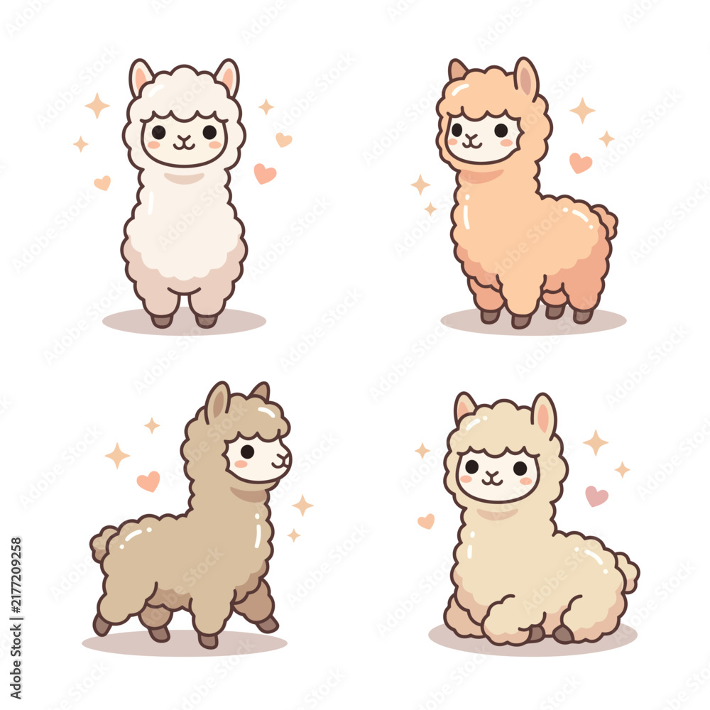 Fototapeta premium Four cute pastel llama characters in various poses.